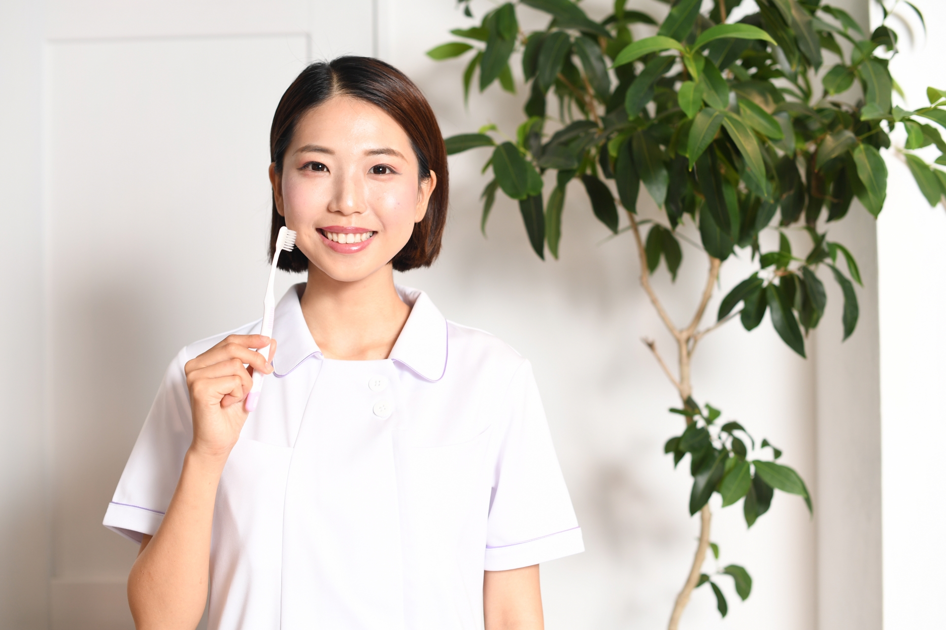 歯ブラシを持つ歯科医師の若いアジア人女性（カメラ目線）